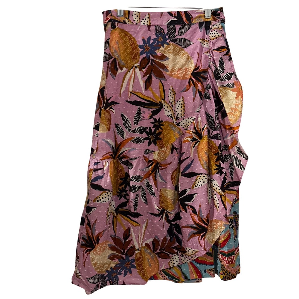 FARM Rio Women's Small Pink Tropical Floral Wrap Midi Skirt Mixed Print